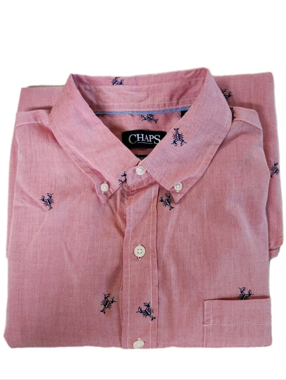 New Chaps Mens Large Lobster Print Short Sleeve Button Down Shirt Front Pocket - Picture 9 of 11